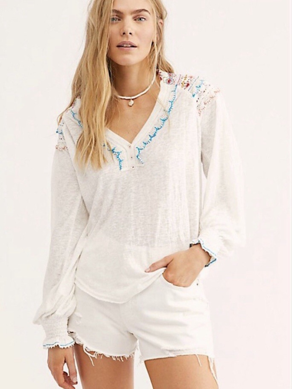 Free People Siesta Fiesta Top Ivory Embroidered Crochet Long Sleeve Small